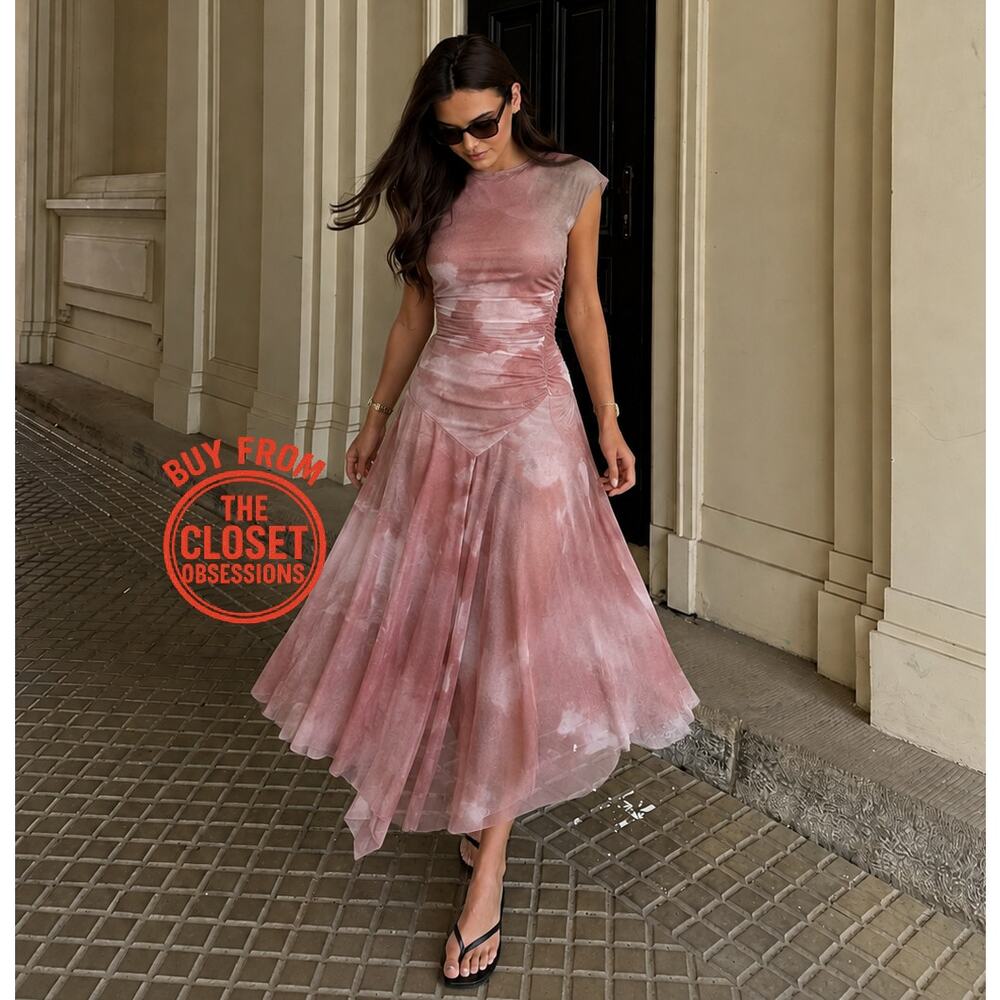 Zara NWT Pink Ruched Tulle Asymmetrical Midi Dress M - Picture 11 of 16